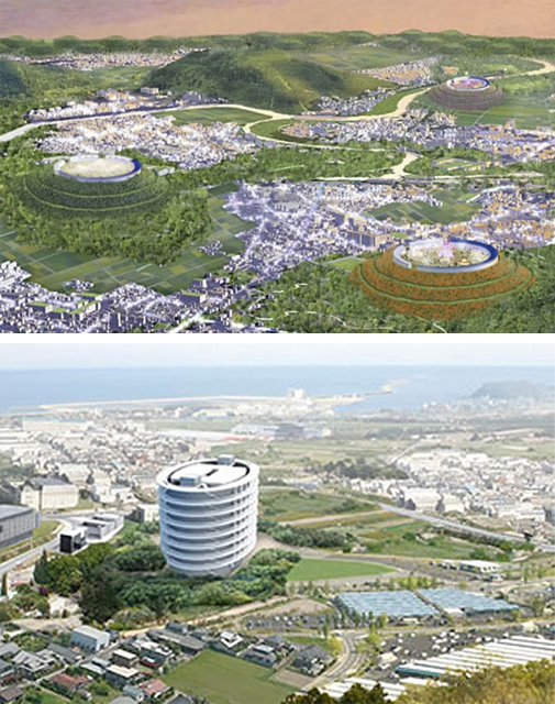 高台まちづくり P4 3 清水建設の「グリーンマウンド」(上)と「津波避難ビル(アーチ・シェルター)」 - 高台まちづくり